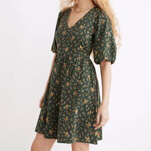 Madewell Poplin V-Neck Bubble-Sleeve Mini Dress in Fresh Sprigs